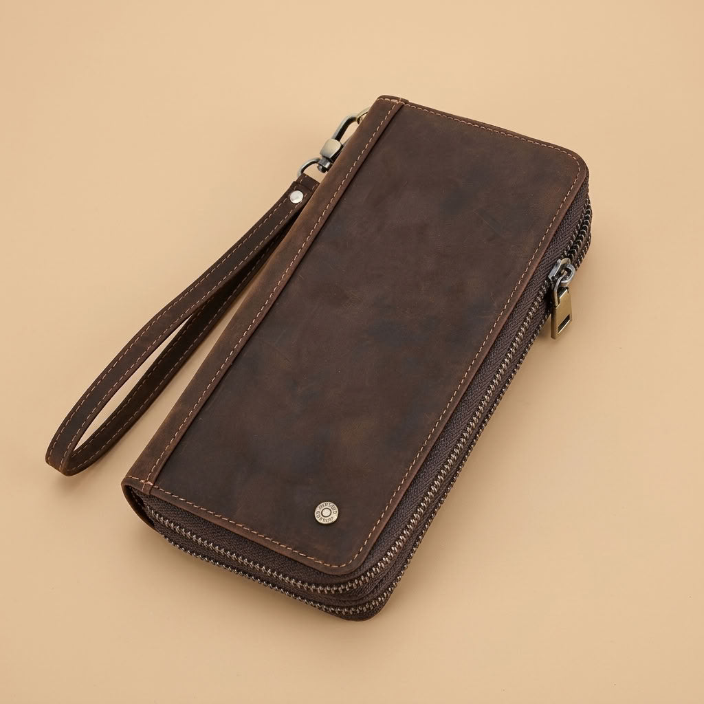 Pochette portefeuille cuir homme double zip marron VALMONT