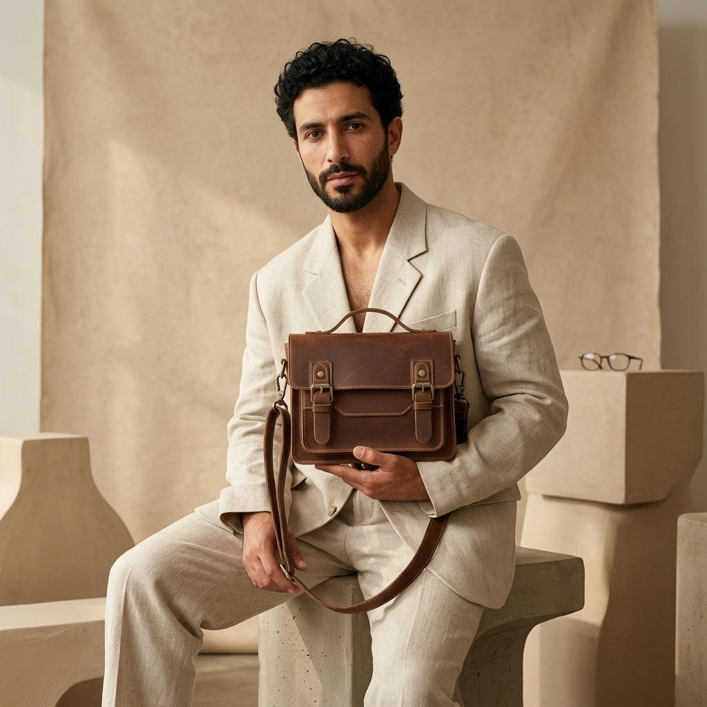 Sac Messager Rétro Cuir Crazy Horse VALMONT en situation