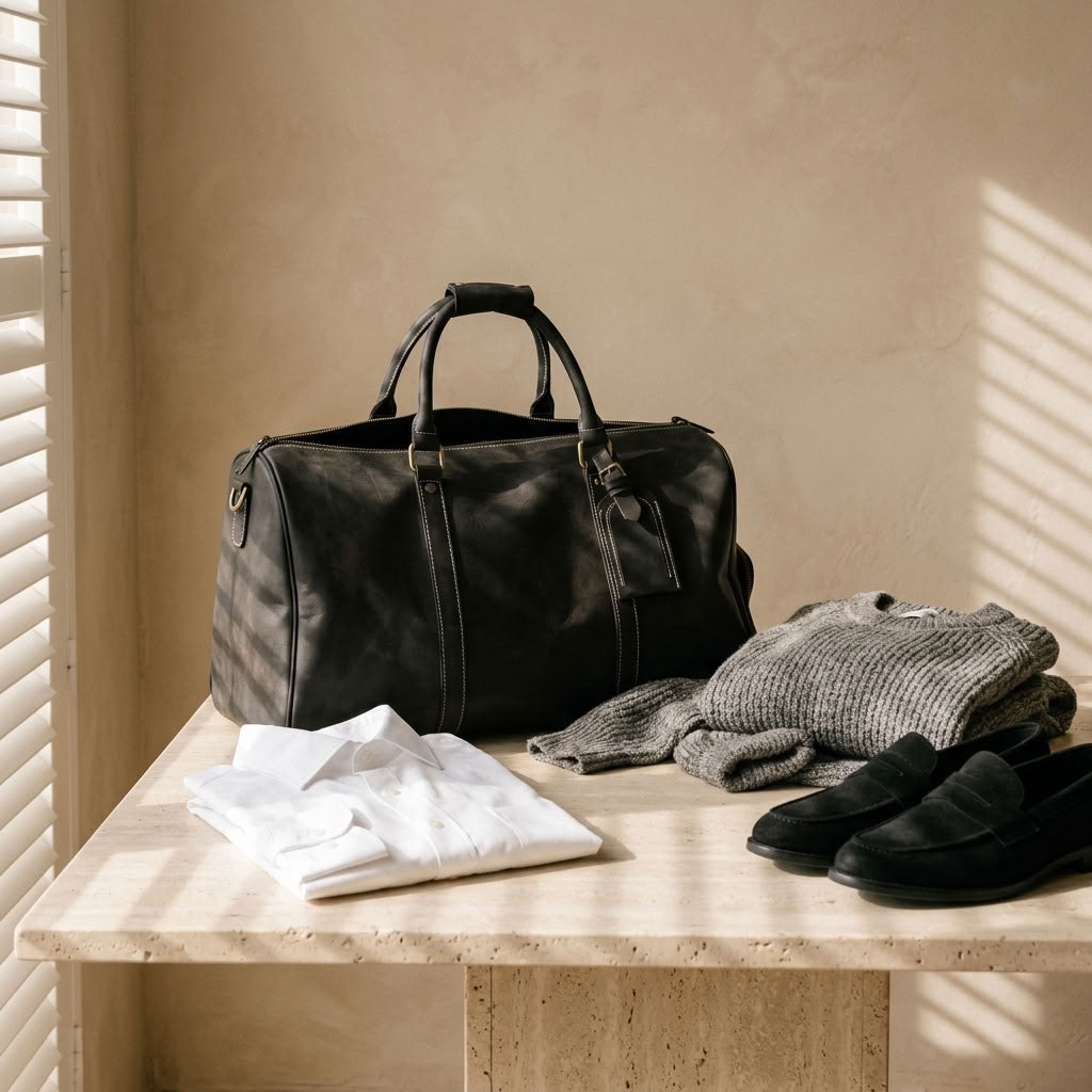 Sac Weekender VALMONT Cuir Pleine Fleur Noir, compartiment ouvert