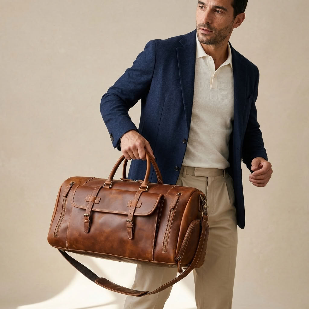 Sac Weekender VALMONT Cuir Crazy Horse Marron porté en situation