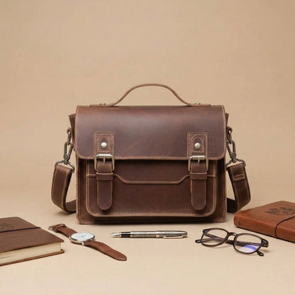 Sac Messager Rétro en Cuir Crazy Horse Marron | VALMONT VALMONT