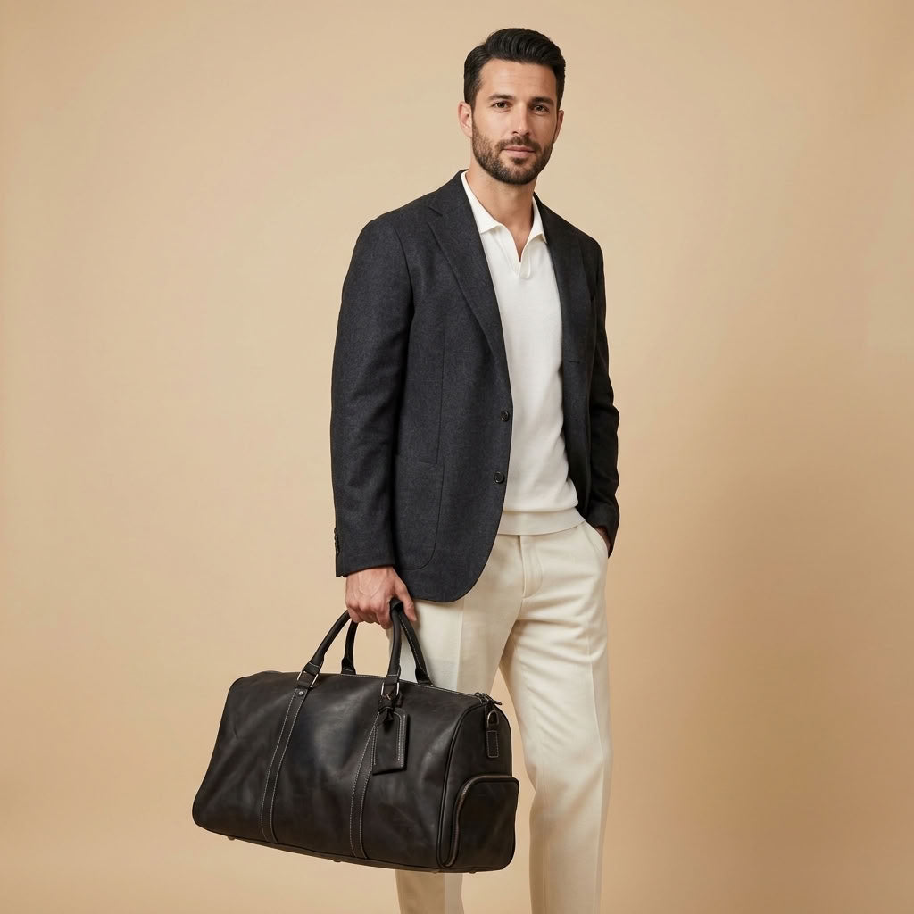 Sac Weekender VALMONT Cuir Pleine Fleur Noir, photo studio