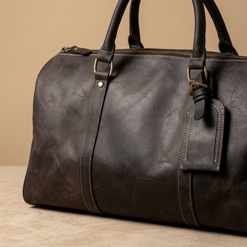 Sac Weekender VALMONT Cuir Pleine Fleur Noir, détail du cuir
