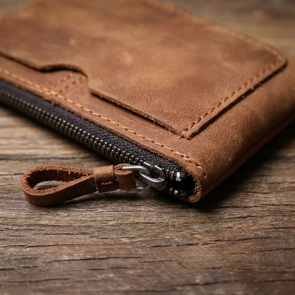 Mini Portefeuille Cuir Crazy Horse Zippé Marron | VALMONT VALMONT