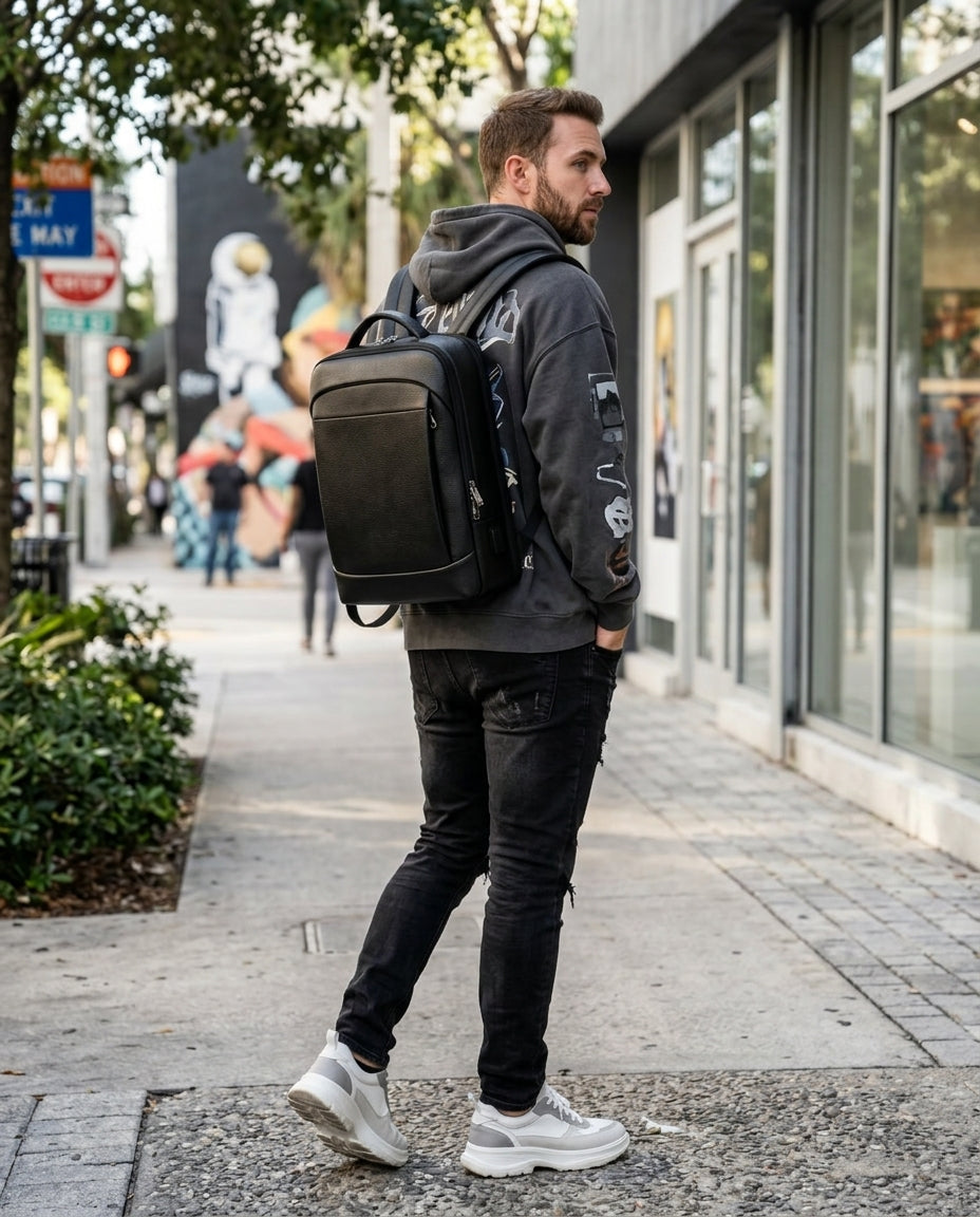 Sac à Dos Urbain Cuir Noir VALMONT, vue arrière