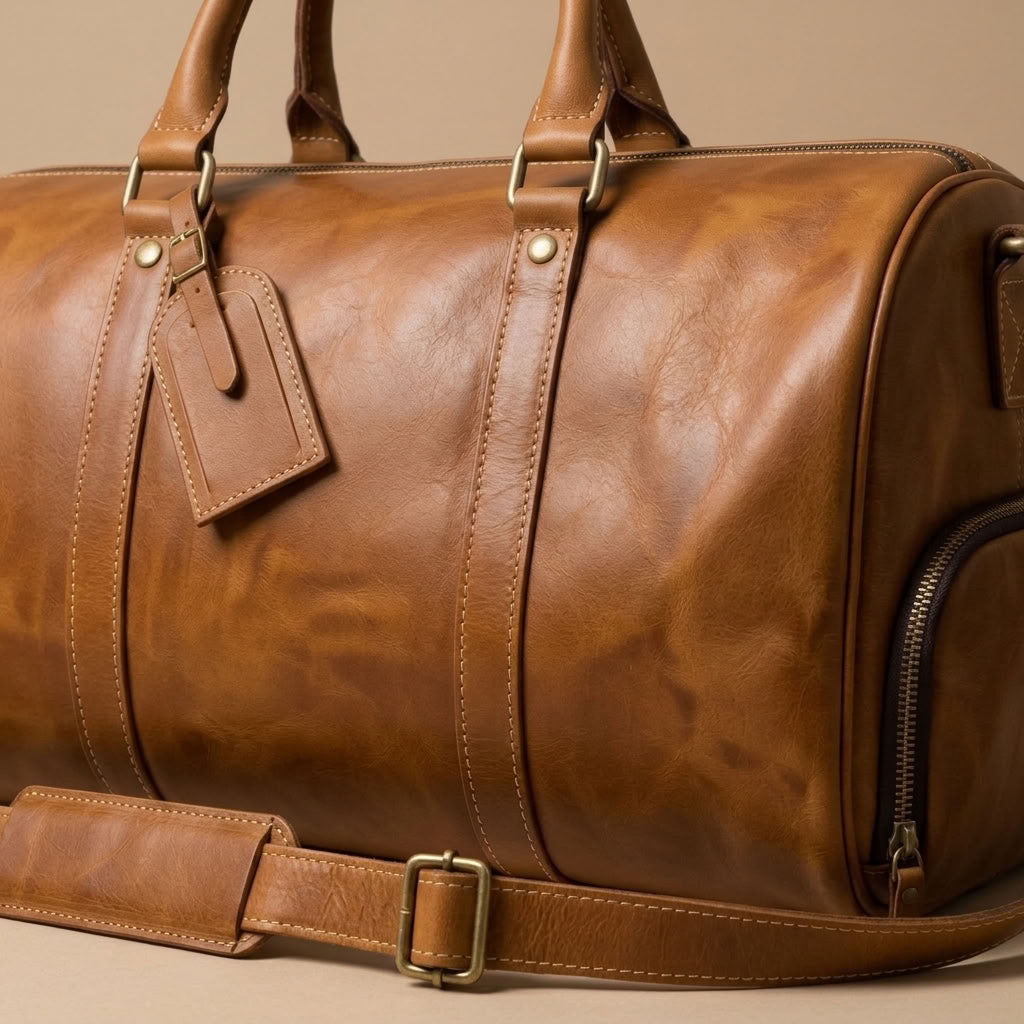 Sac Weekender VALMONT Cuir Pleine Fleur Marron, détail du cuir