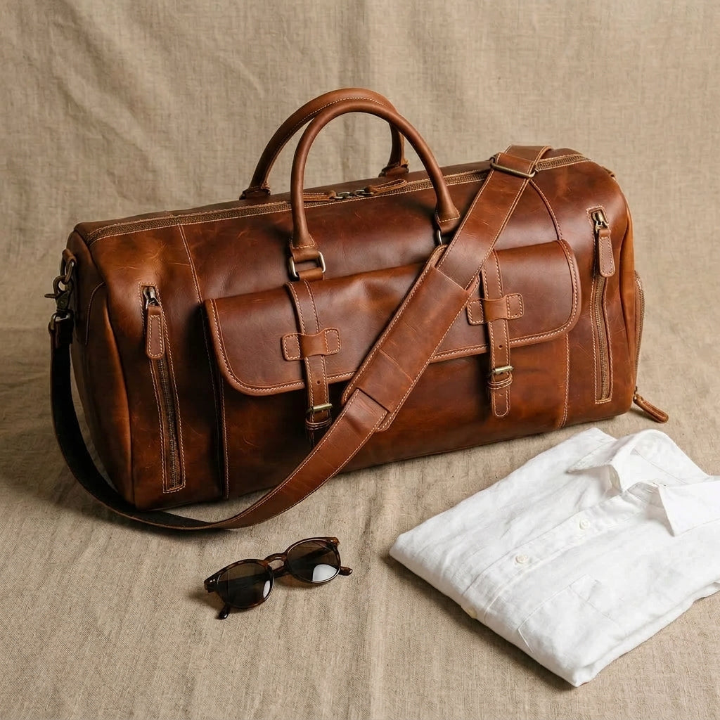Sac Weekender VALMONT Cuir Crazy Horse Marron, mise en scène
