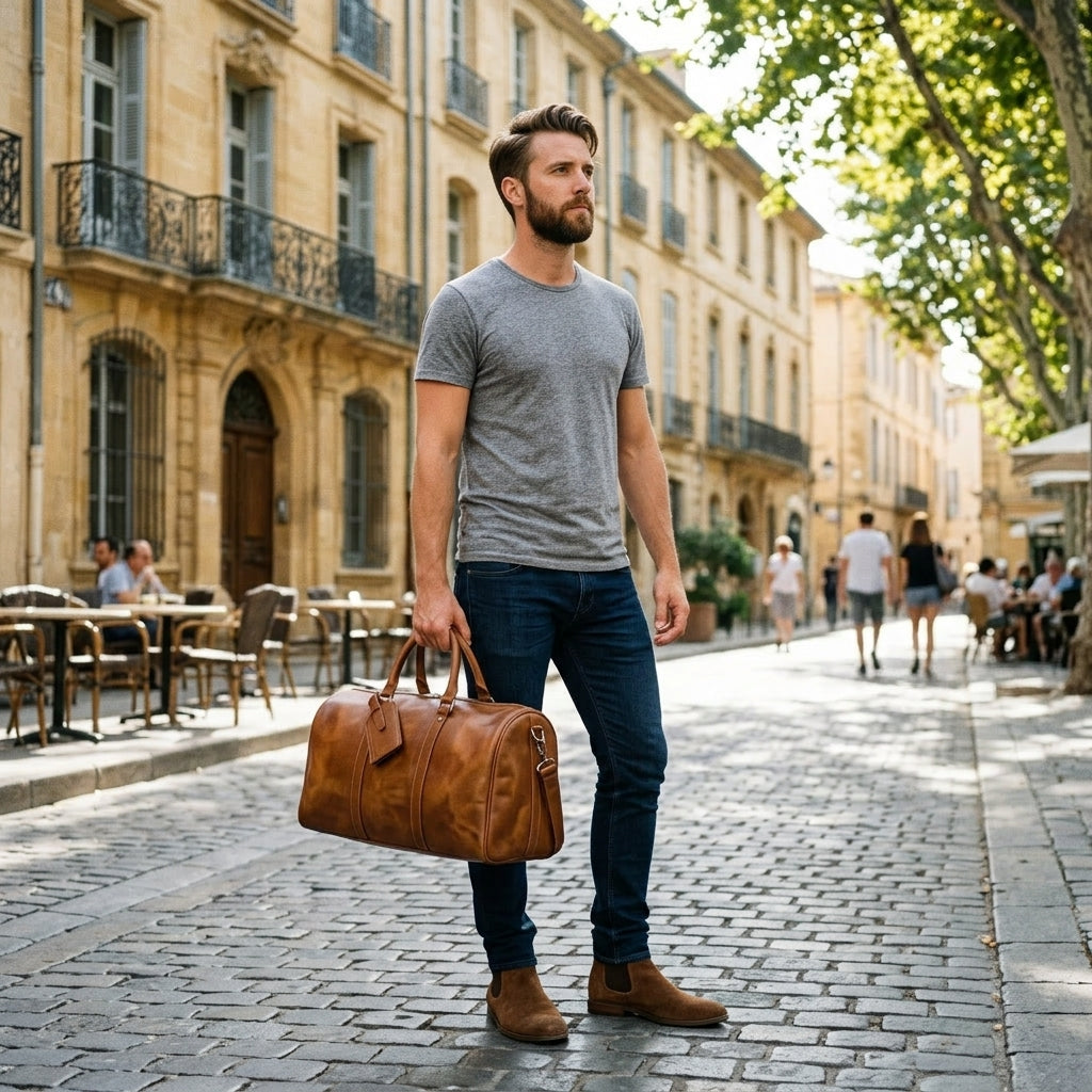 Sac Weekender VALMONT Cuir Pleine Fleur Marron porté en situation