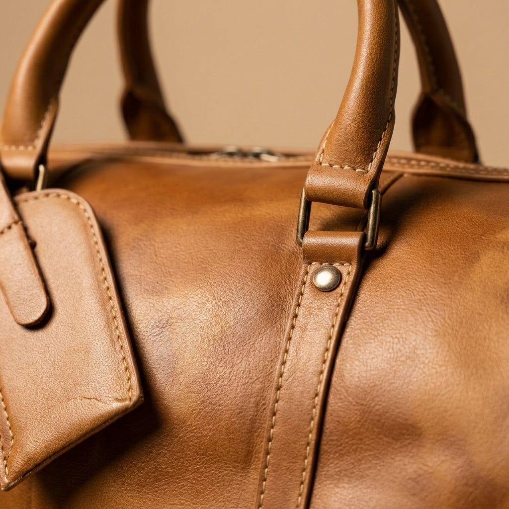 Sac Weekender VALMONT Cuir Pleine Fleur Marron, détail du cuir