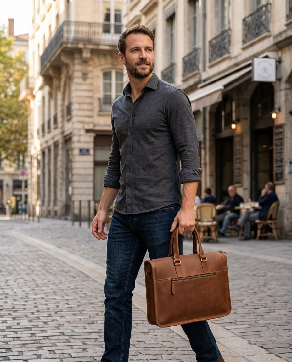 Porte-Documents Cuir Pleine Fleur Cognac VALMONT, finitions