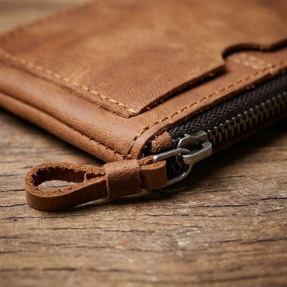 Mini Portefeuille Cuir Crazy Horse Zippé Marron | VALMONT VALMONT