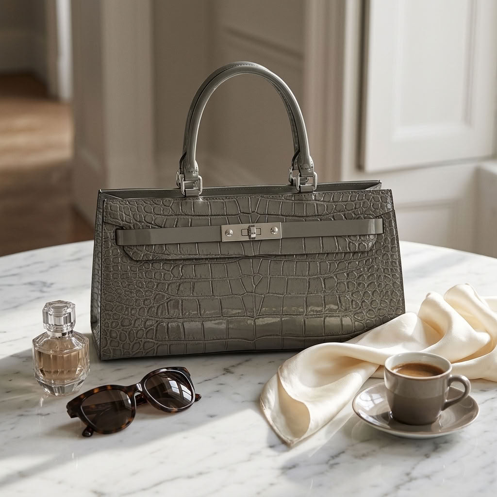 Sac à main femme cuir façon croco gris "Livia" VALMONT