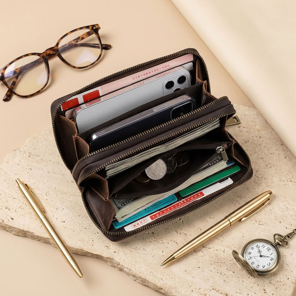 Pochette portefeuille cuir homme double zip marron VALMONT