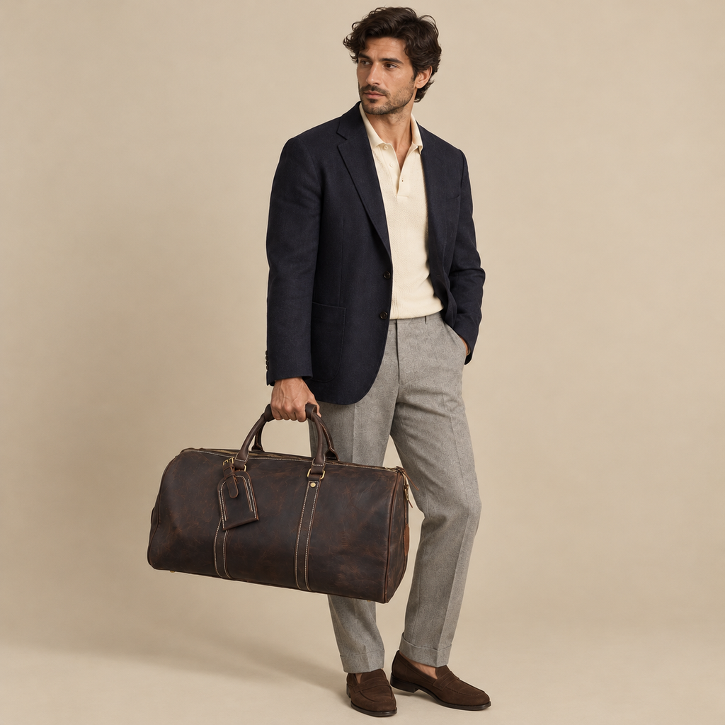 Sac Weekender VALMONT Cuir Pleine Fleur Café porté en situation