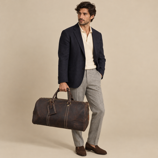 Sac Weekender VALMONT Cuir Pleine Fleur Café porté en situation