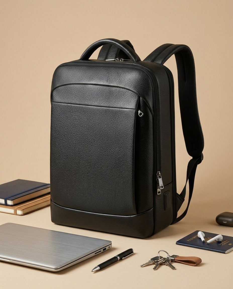 Sac à Dos Urbain Cuir Noir VALMONT porté en situation