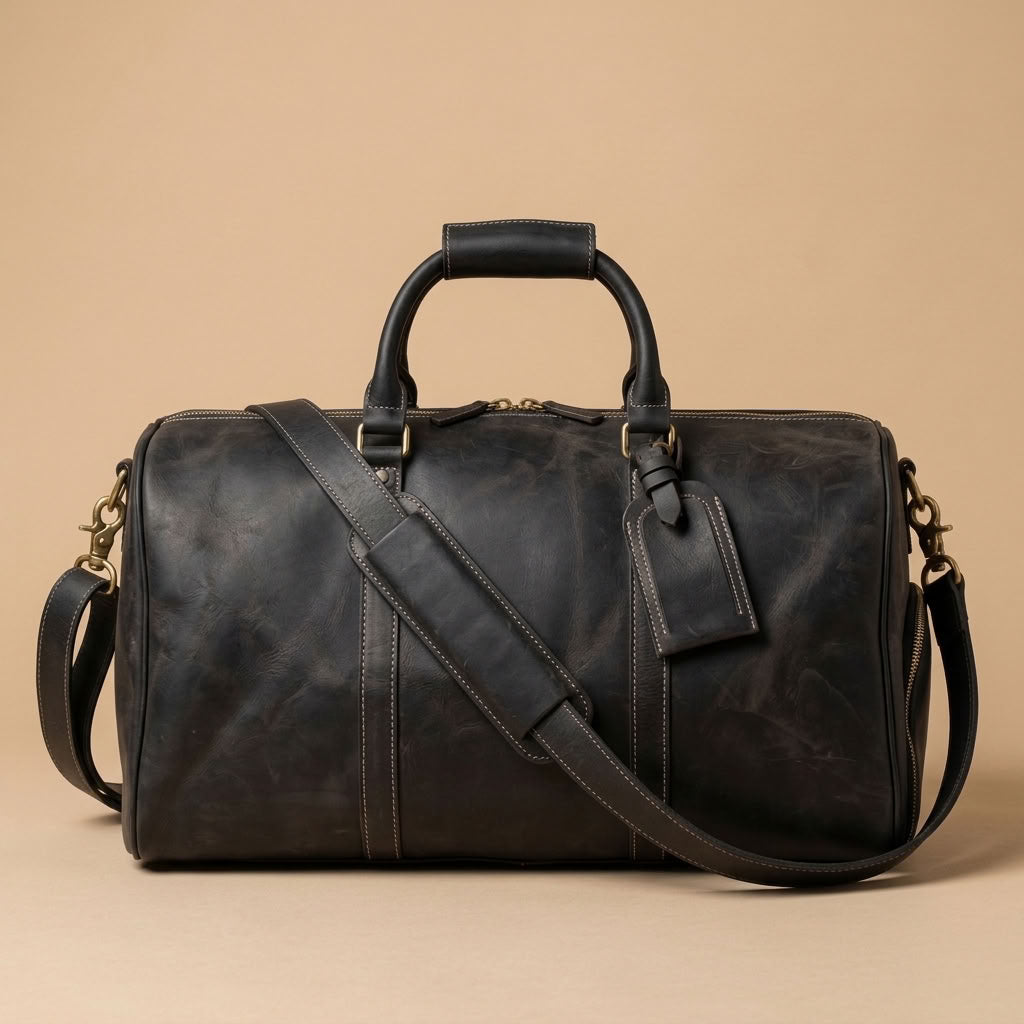 Sac Weekender VALMONT Cuir Pleine Fleur Noir, poignées et bandoulière
