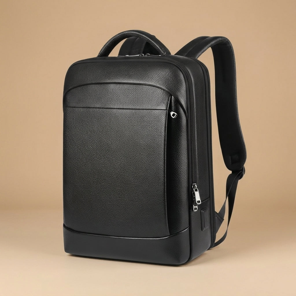 Sac à Dos Urbain Cuir Noir VALMONT, poches intérieures