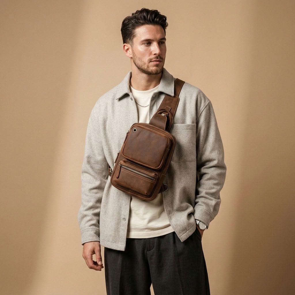 Sac Banane Homme en Cuir Véritable Marron "Matteo" | VALMONT VALMONT