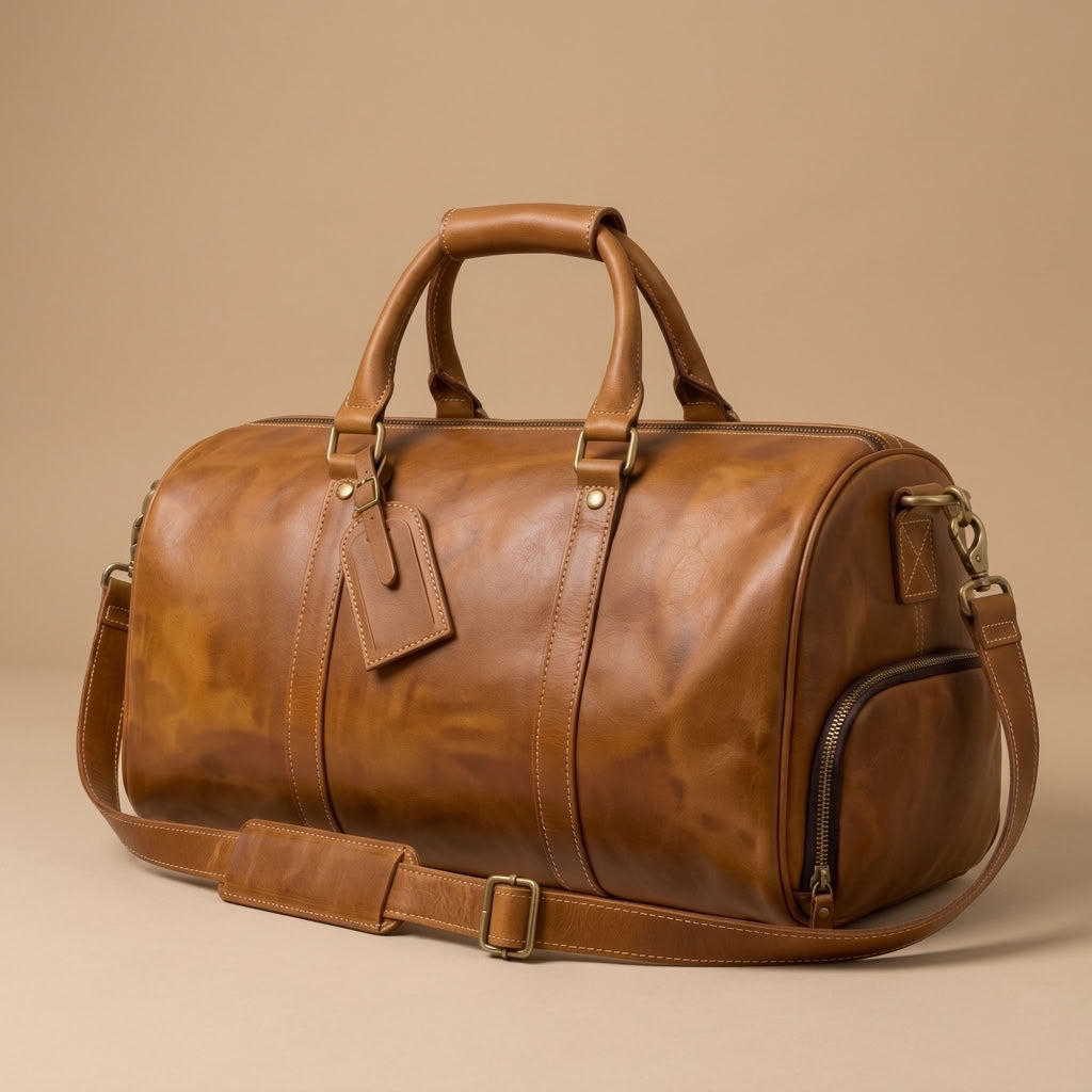 Sac Weekender VALMONT Cuir Pleine Fleur Marron, poignées et bandoulière