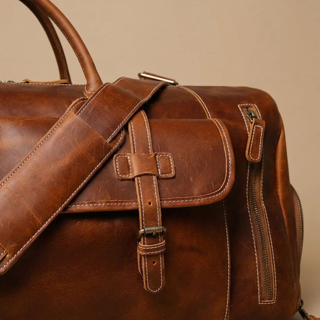 Sac Weekender VALMONT Cuir Crazy Horse Marron, détail du grain de cuir