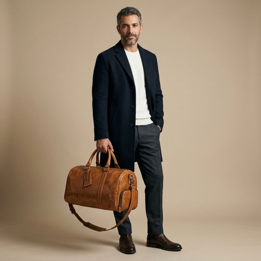 Sac Weekender VALMONT Cuir Pleine Fleur Marron, photo studio