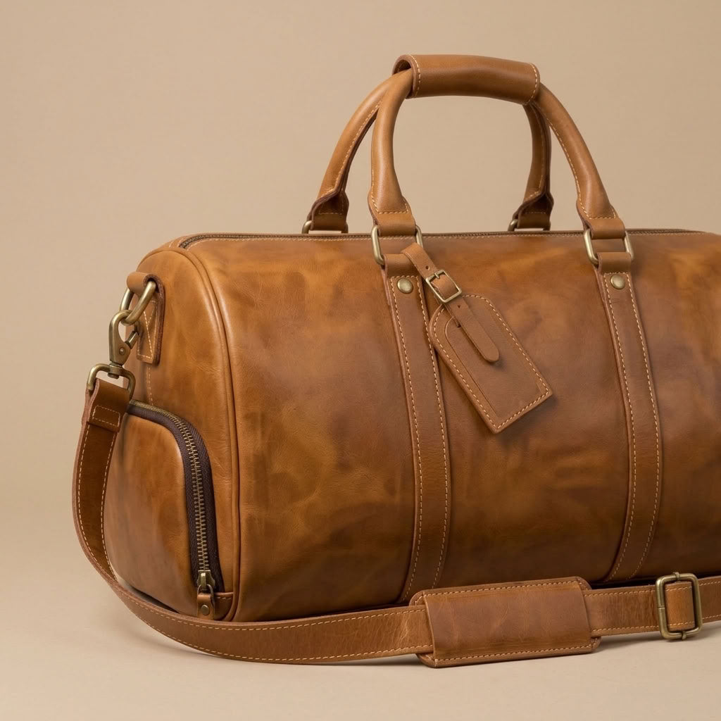 Sac Weekender VALMONT Cuir Pleine Fleur Marron, vue de profil