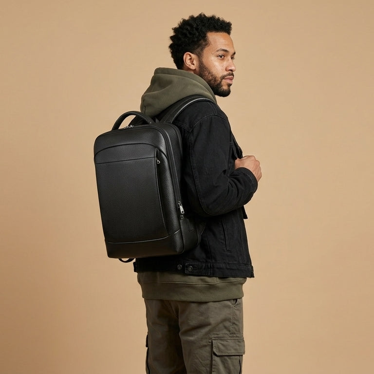 Sac à Dos Urbain Cuir Noir VALMONT, vue de profil