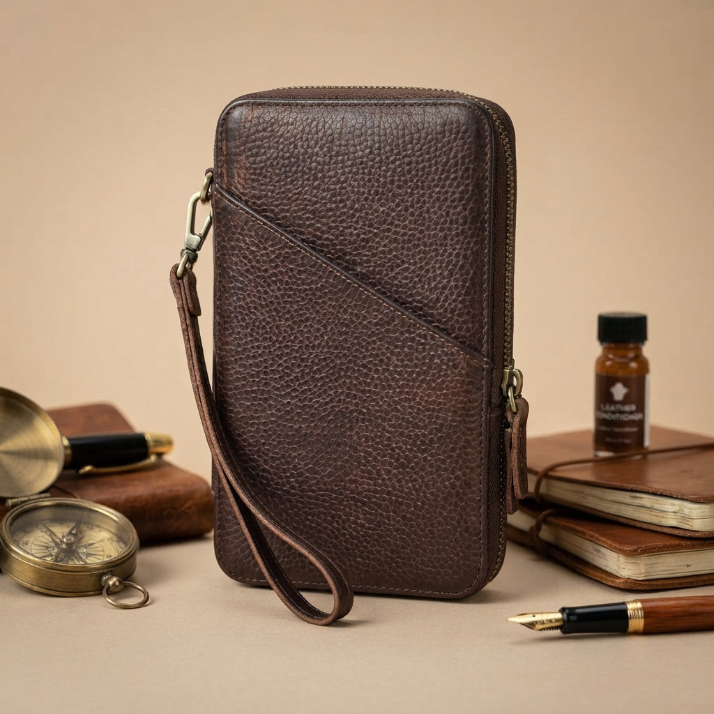 Pochette Escale VALMONT en cuir havane