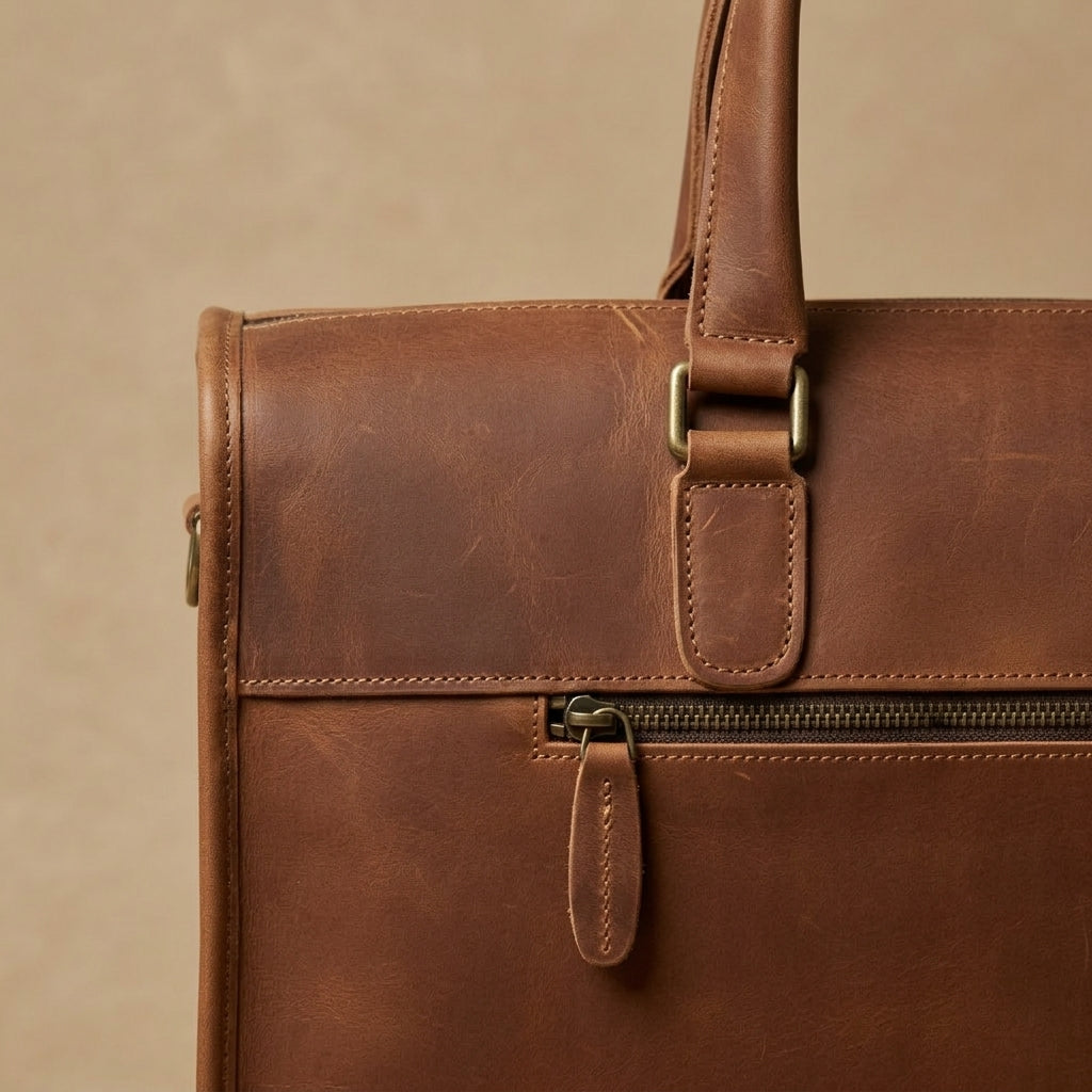 Porte-Documents Cuir Pleine Fleur Cognac VALMONT, détail du cuir