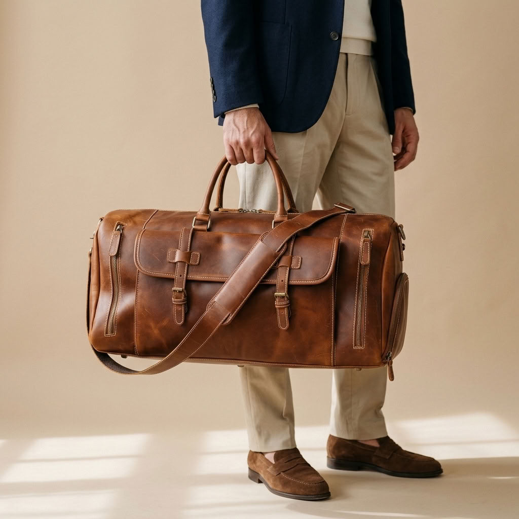 Sac Weekender VALMONT Cuir Crazy Horse Marron porté en situation