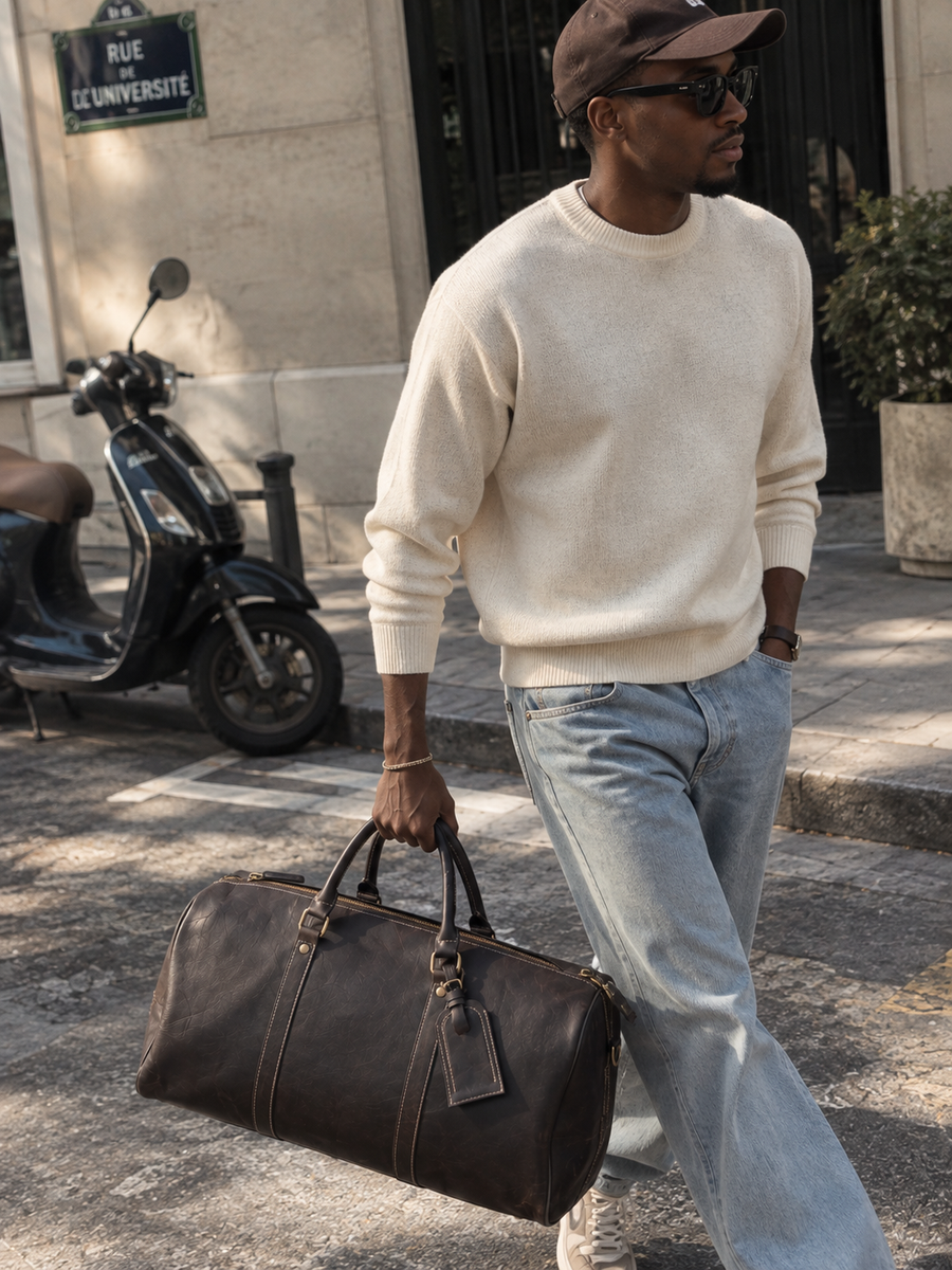 Désiré portant sac weekender noir